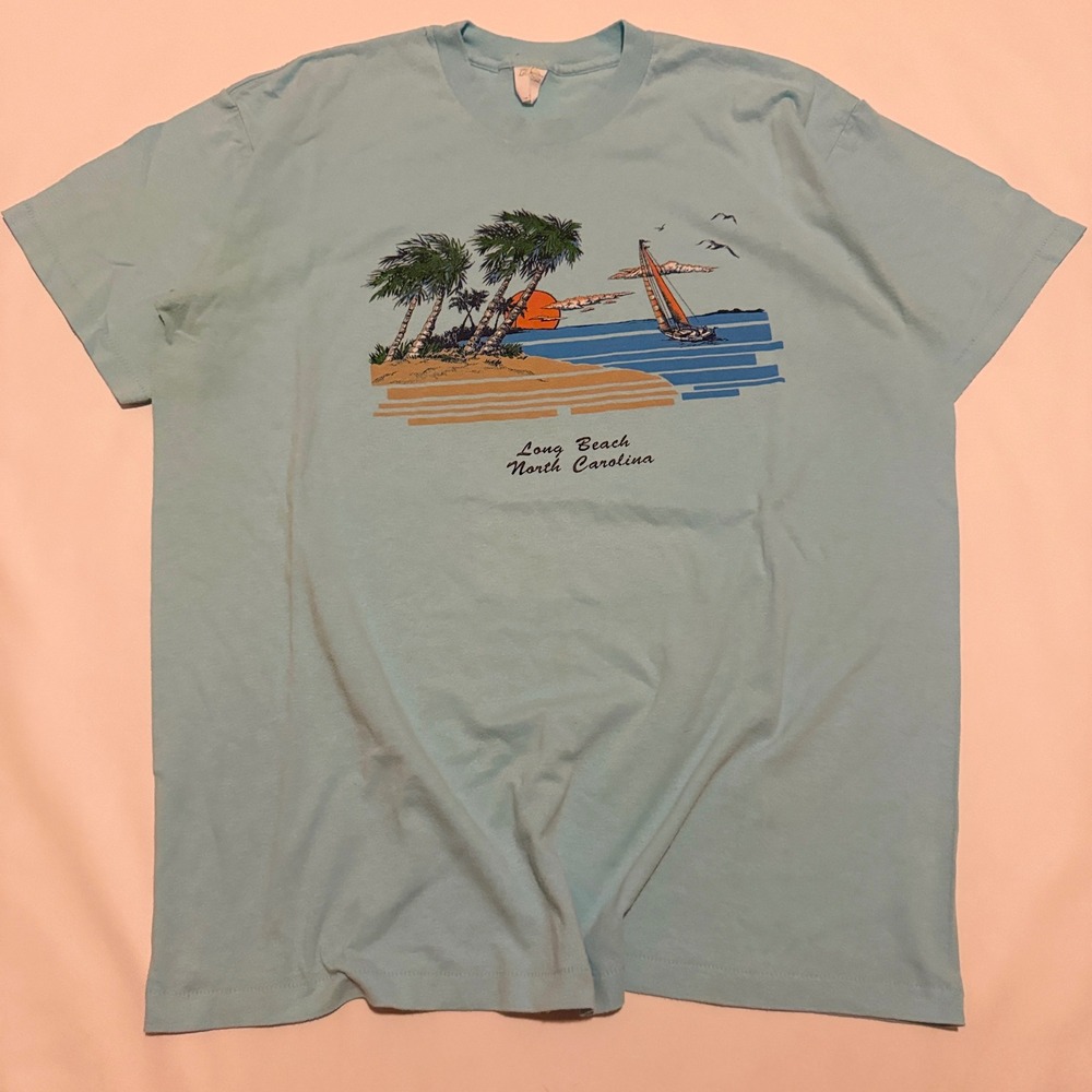 Vintage 80s Genesis T Shirt Mens XL Light Blue Long Beach NC Single Stitch Tee